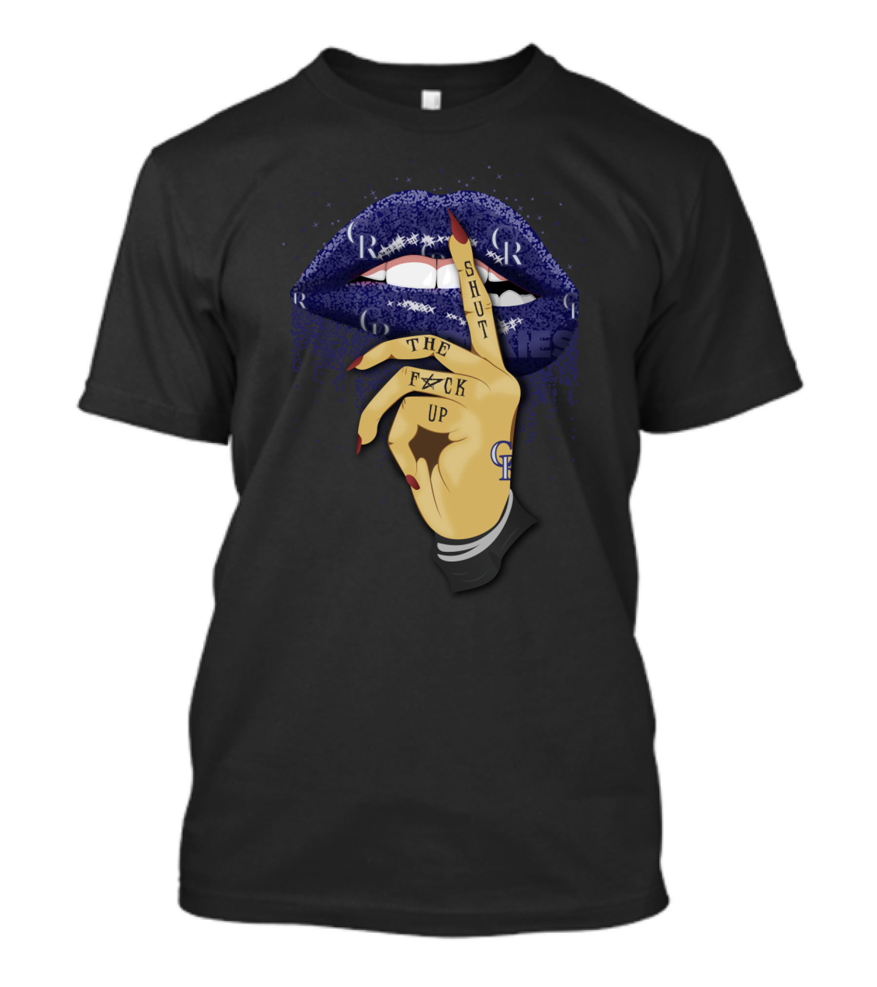 Purple Glitter Lip With Shut Up Tattoo For Colorado Rockies Fans T-Shirt