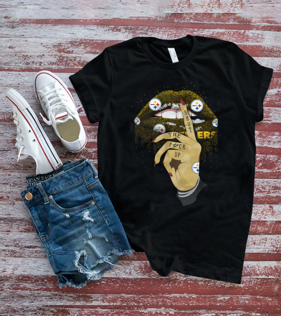 Shut Up Lip With Pittsburgh Steelers Logo And Hand Gesture T-Shirt