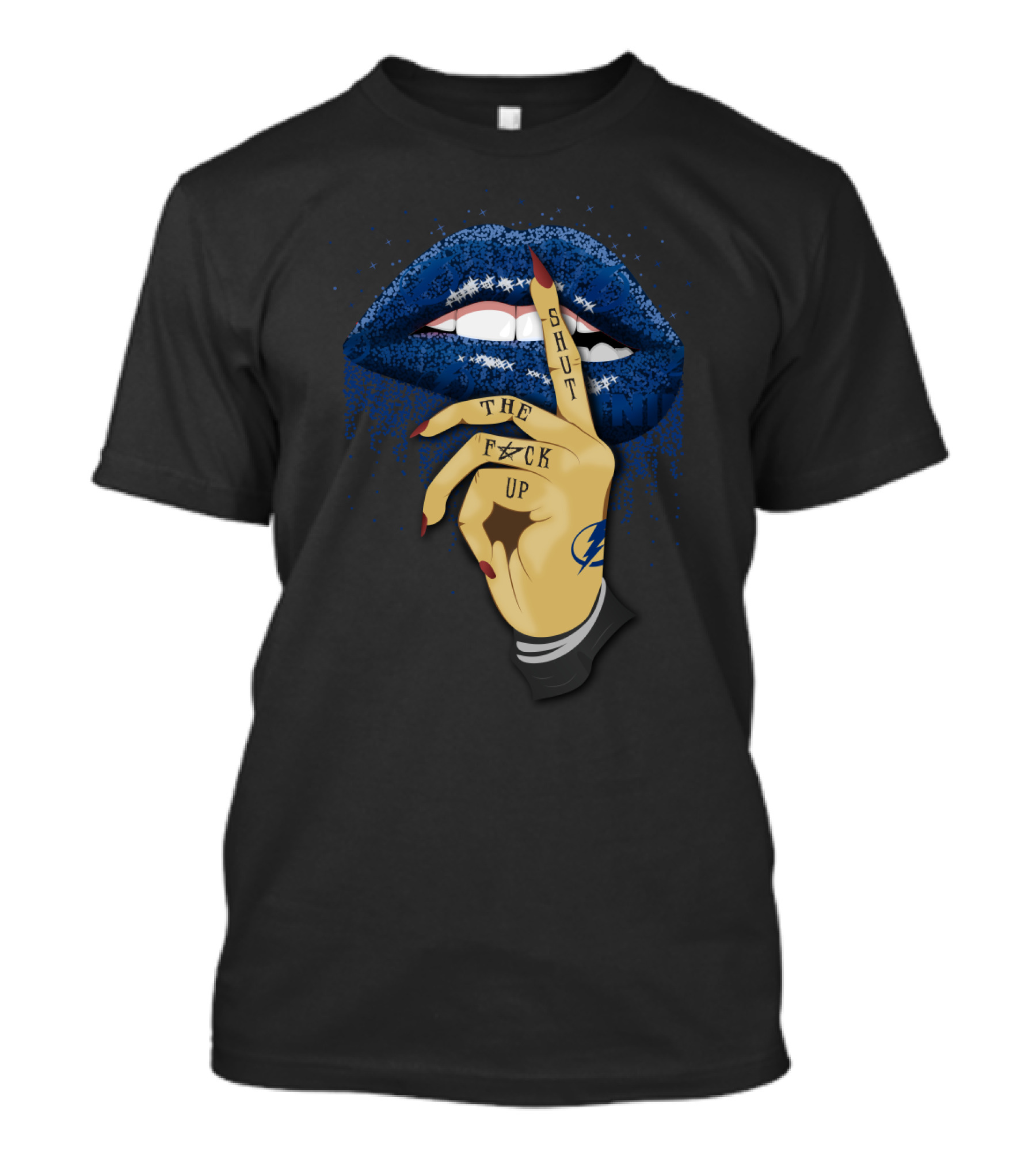 Tampa Bay Lightning Glitter Lips Shut Up Gesture Fan T-Shirt