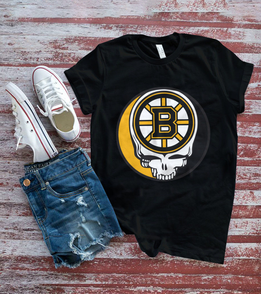 Boston Bruins And Grateful Dead Skull Logo Fusion T-Shirt