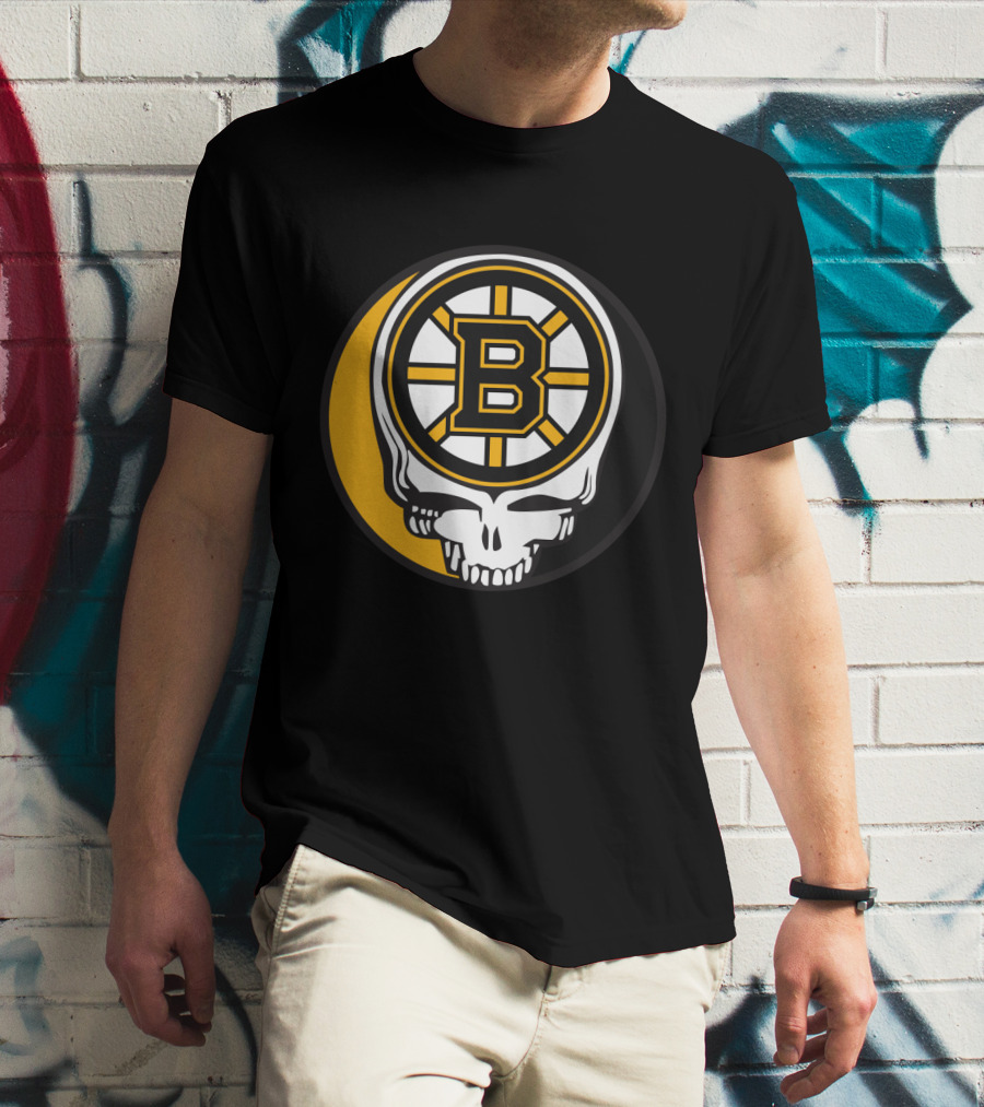 Boston Bruins And Grateful Dead Skull Logo Fusion T-Shirt
