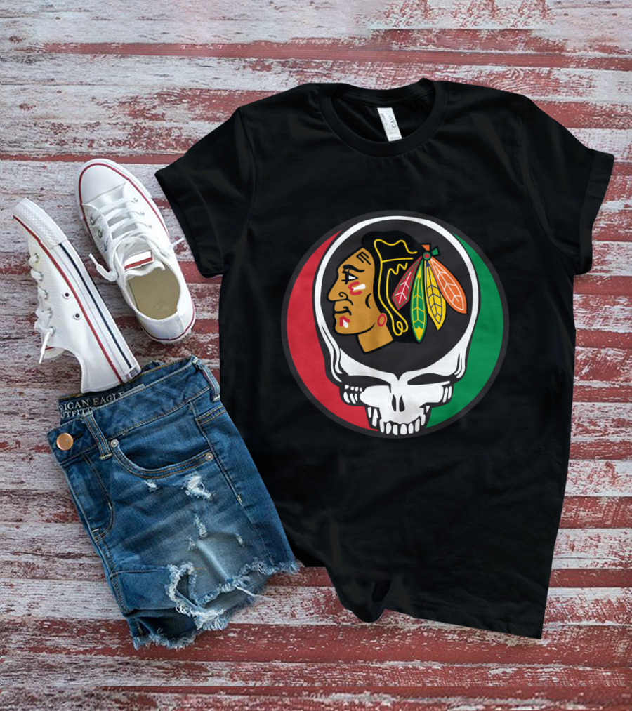 Grateful Dead Skull Chicago Blackhawks Logo Fusion For Fans T-Shirt
