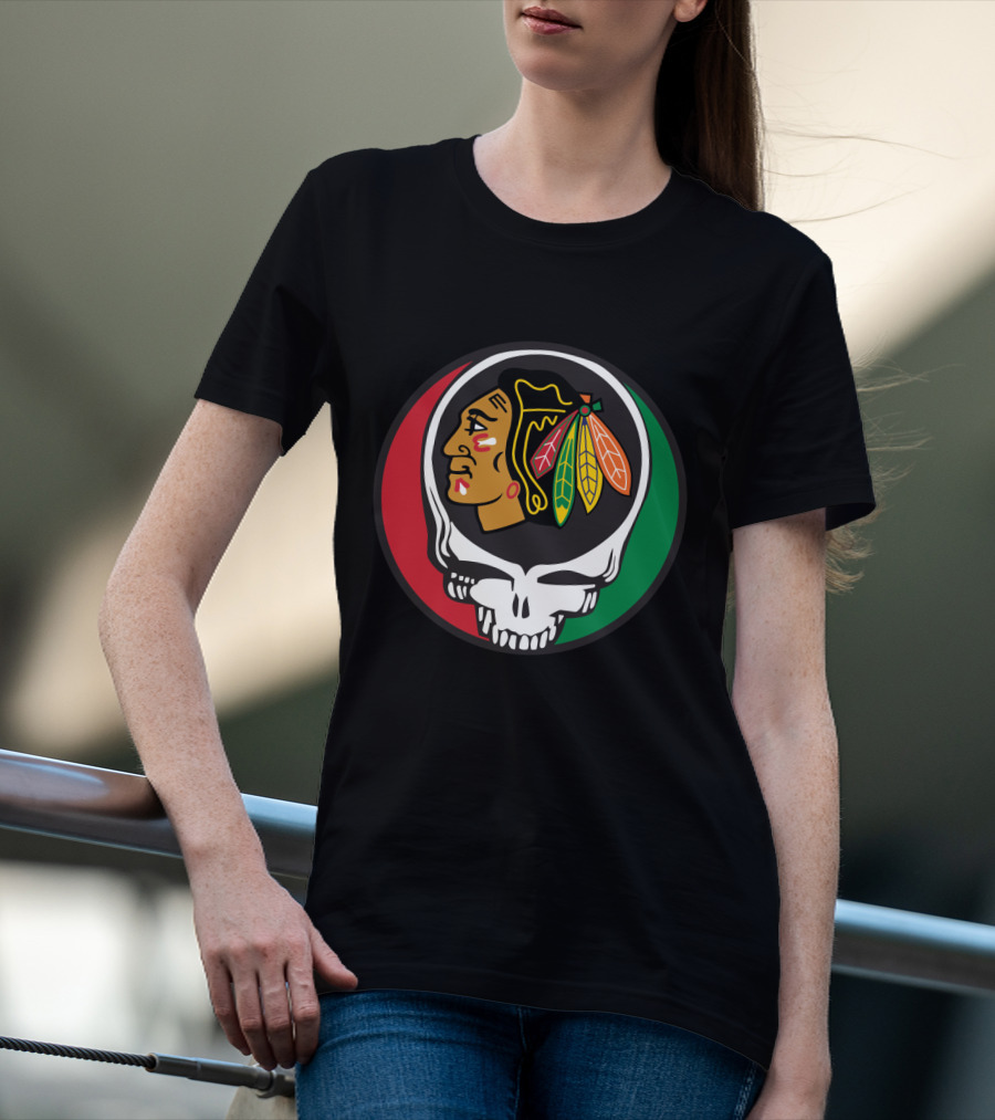 Grateful Dead Skull Chicago Blackhawks Logo Fusion For Fans T-Shirt