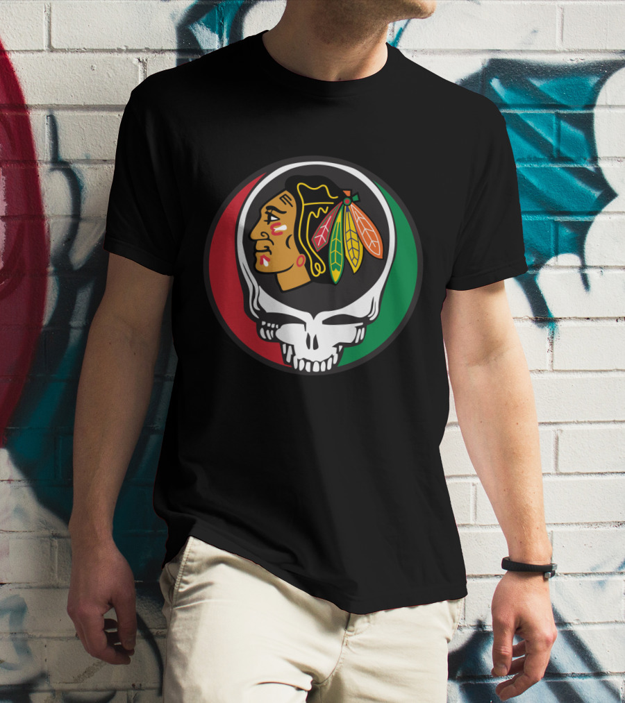 Grateful Dead Skull Chicago Blackhawks Logo Fusion For Fans T-Shirt