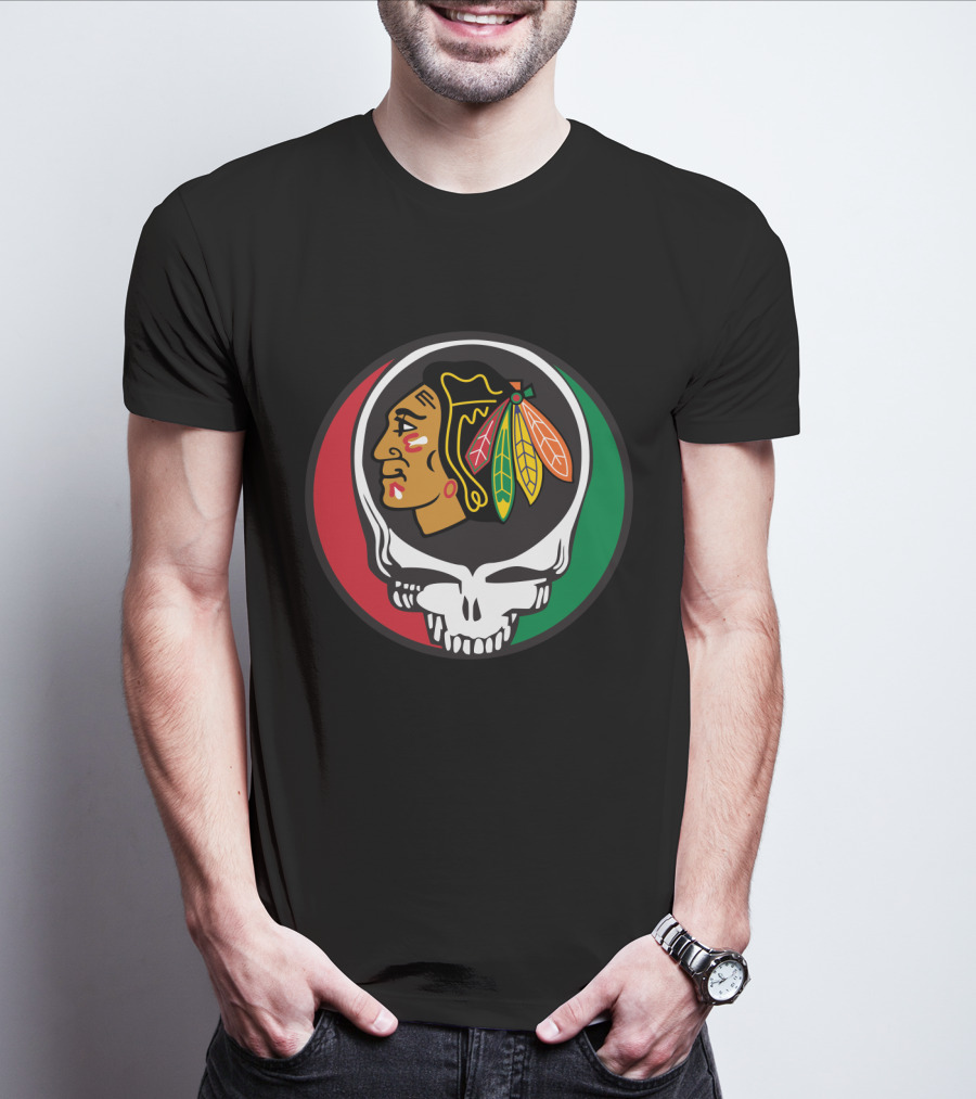 Grateful Dead Skull Chicago Blackhawks Logo Fusion For Fans T-Shirt