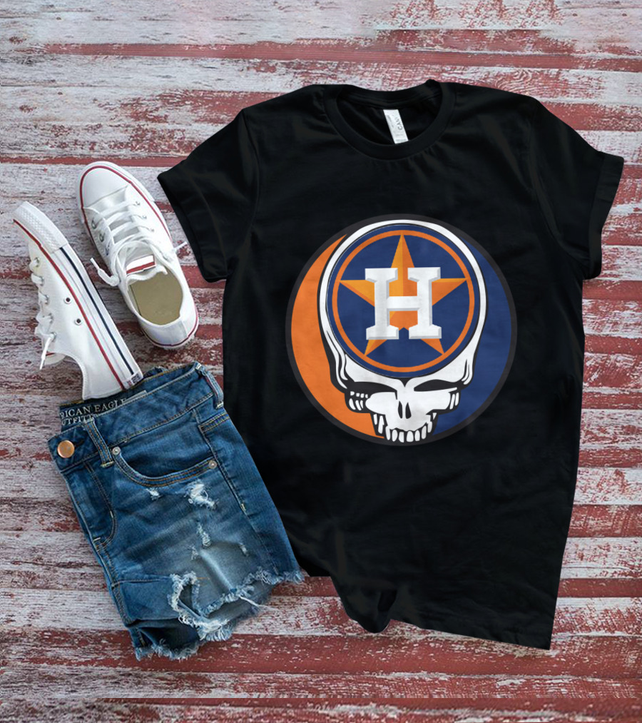 Grateful Dead Skull With Houston Astros Logo And Star In Orange And Blue T-Shirt