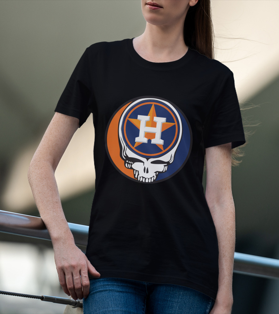 Grateful Dead Skull With Houston Astros Logo And Star In Orange And Blue T-Shirt