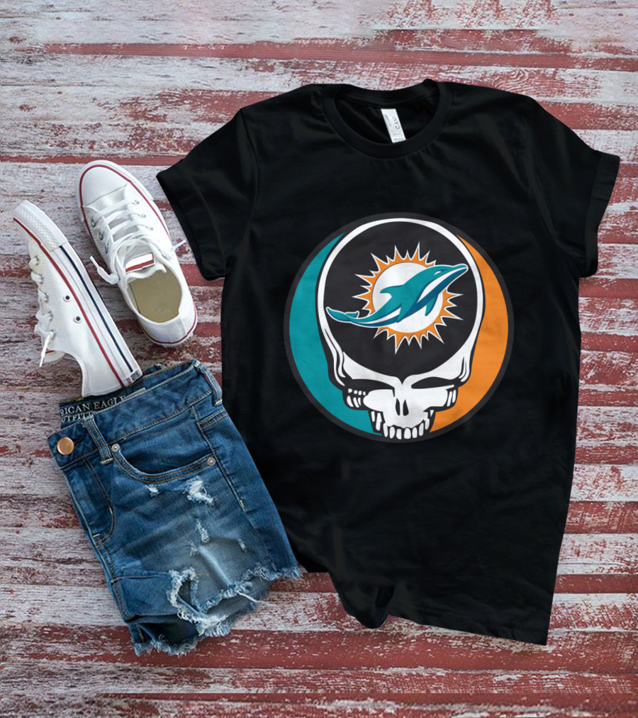 Grateful Dead Skull With Miami Dolphins Logo Fusion For Fans T-Shirt