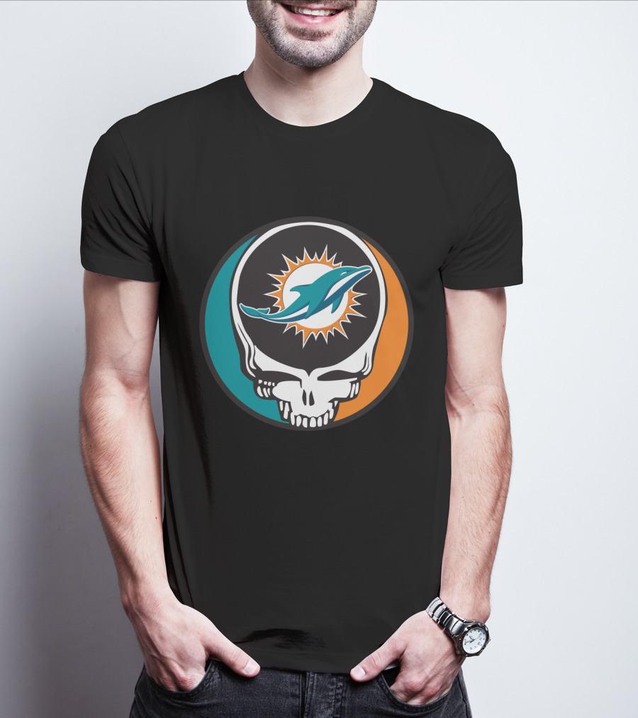 Grateful Dead Skull With Miami Dolphins Logo Fusion For Fans T-Shirt