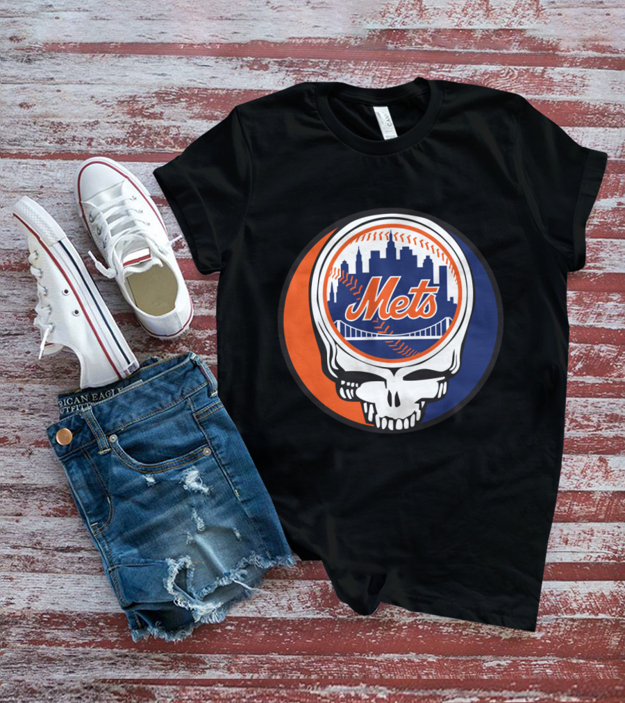 Skull Logo Blending New York Mets Skyline With Grateful Dead T-Shirt