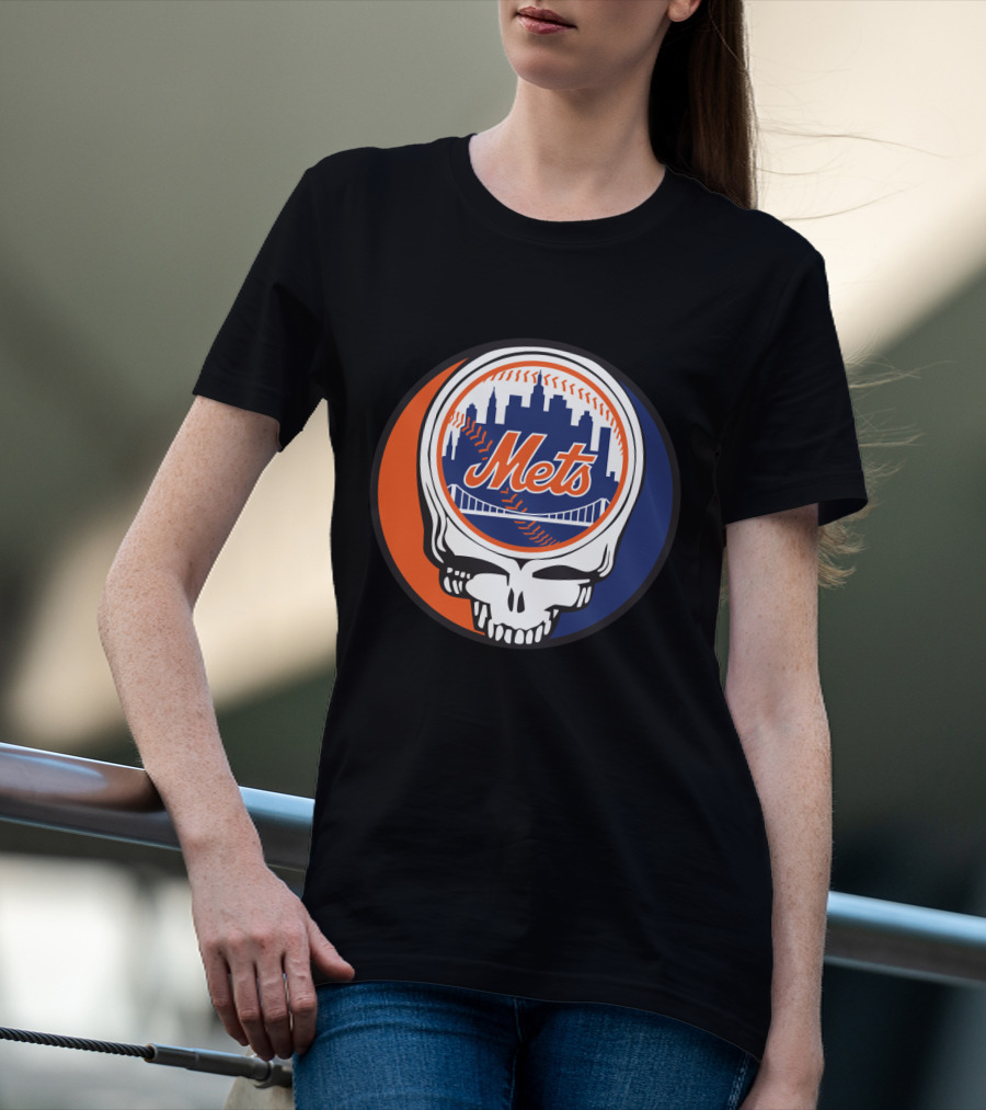 Skull Logo Blending New York Mets Skyline With Grateful Dead T-Shirt