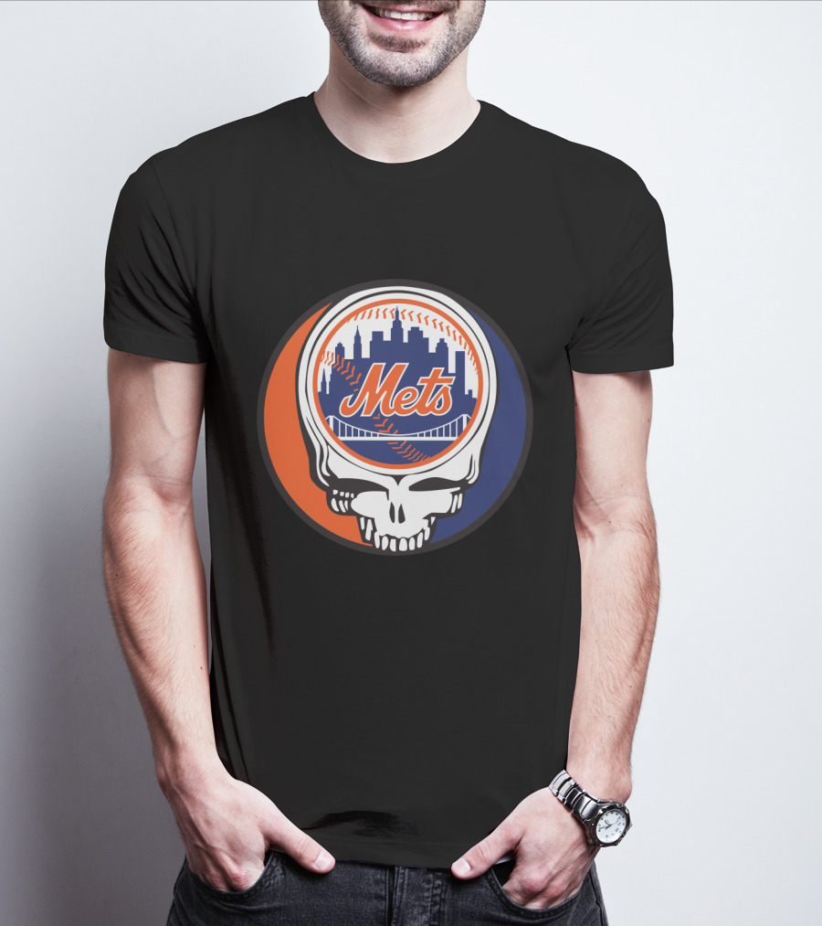 Skull Logo Blending New York Mets Skyline With Grateful Dead T-Shirt