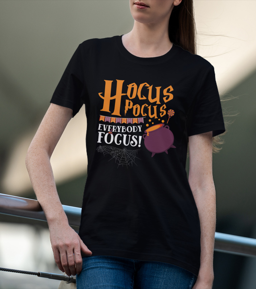 Hocus Pocus Everybody Focus Cauldron Banner Lollipop Spiderweb Halloween T-Shirt