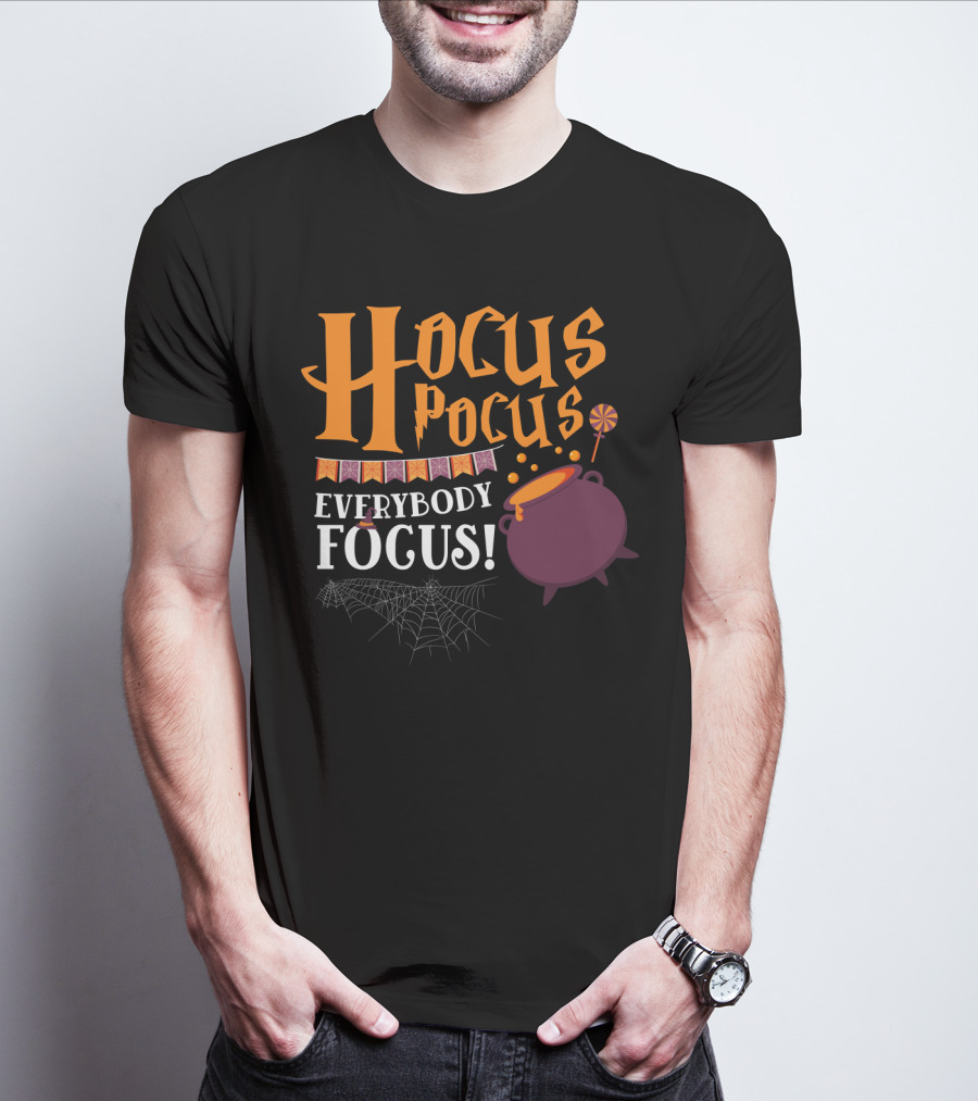 Hocus Pocus Everybody Focus Cauldron Banner Lollipop Spiderweb Halloween T-Shirt
