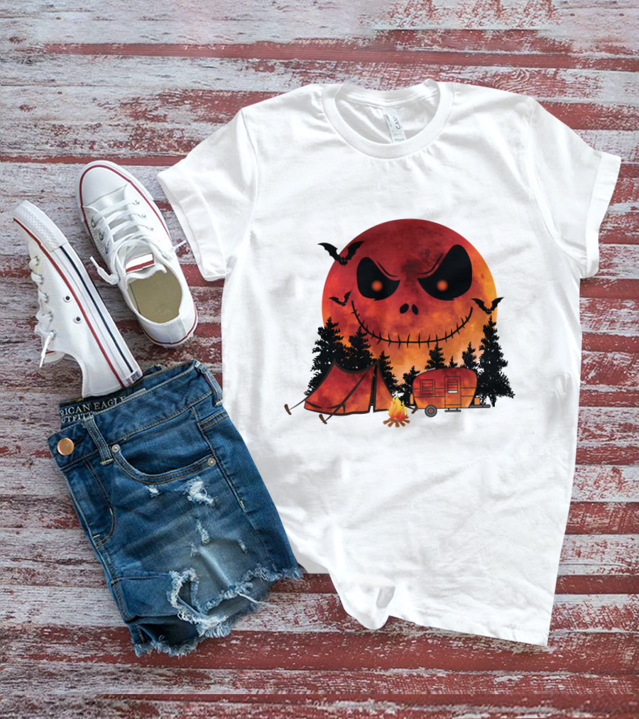 Jack Skellington Halloween Camping Under Blood Moon With Tent And Camper T-Shirt