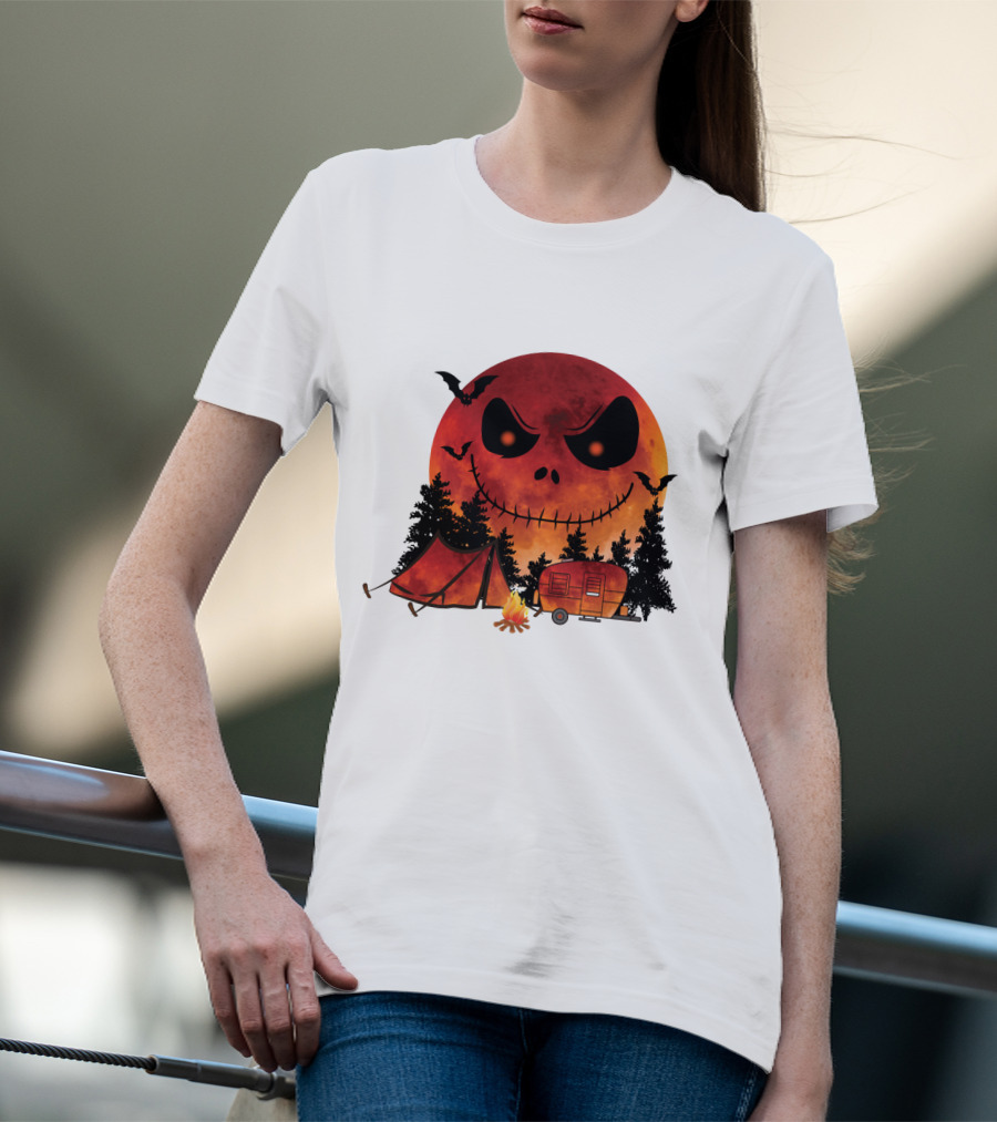 Jack Skellington Halloween Camping Under Blood Moon With Tent And Camper T-Shirt