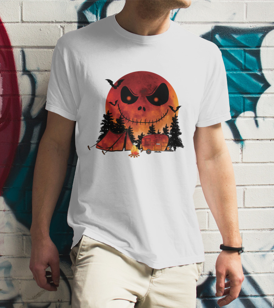 Jack Skellington Halloween Camping Under Blood Moon With Tent And Camper T-Shirt