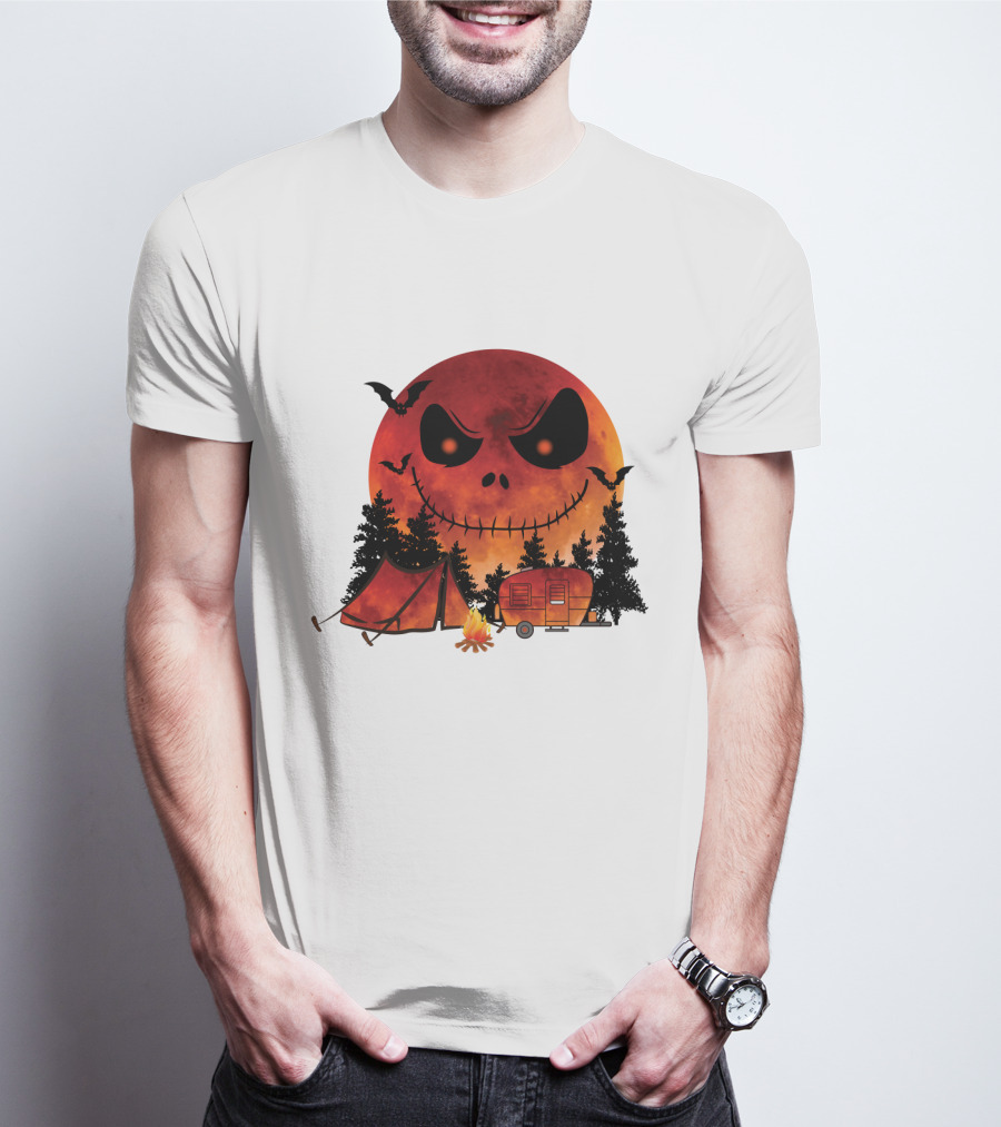 Jack Skellington Halloween Camping Under Blood Moon With Tent And Camper T-Shirt