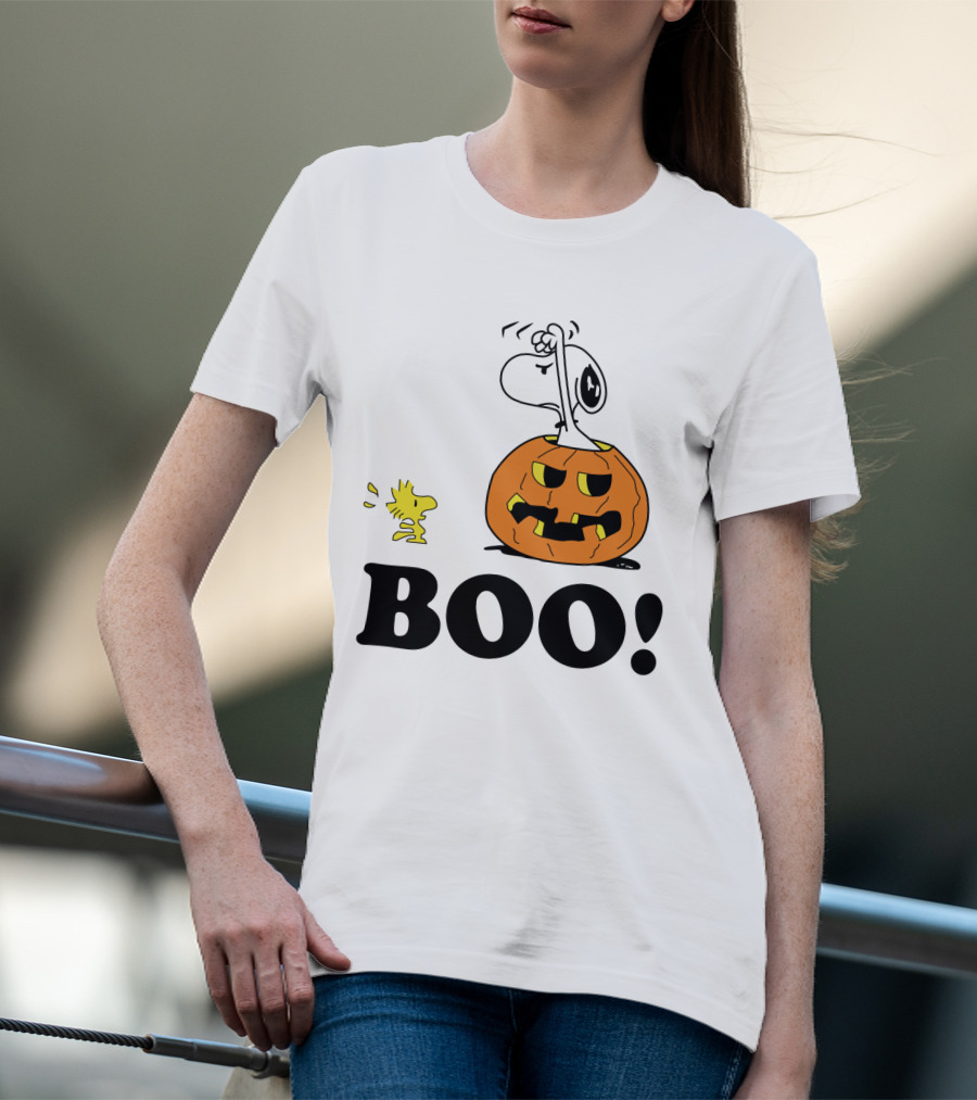 Peanuts Halloween Snoopy And Woodstock In Pumpkin BOO T-Shirt