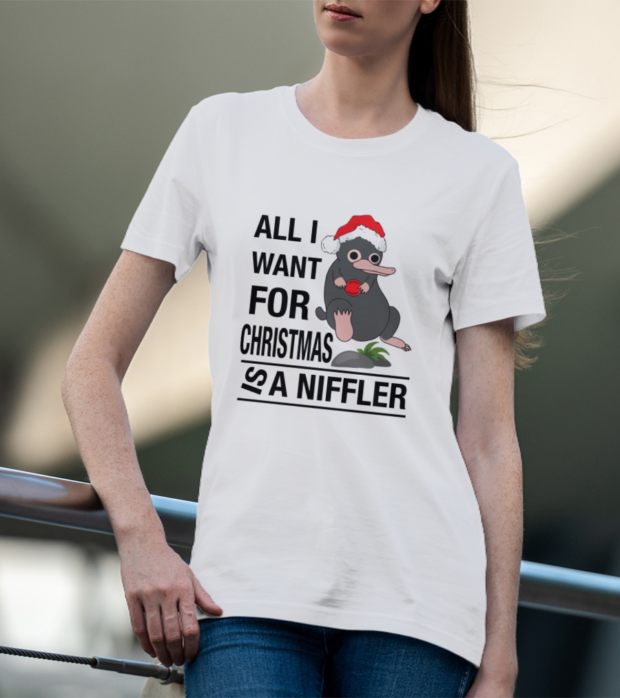 All I Want For Christmas Is A Niffler Wearing Santa Hat Holding Red T-Shirt