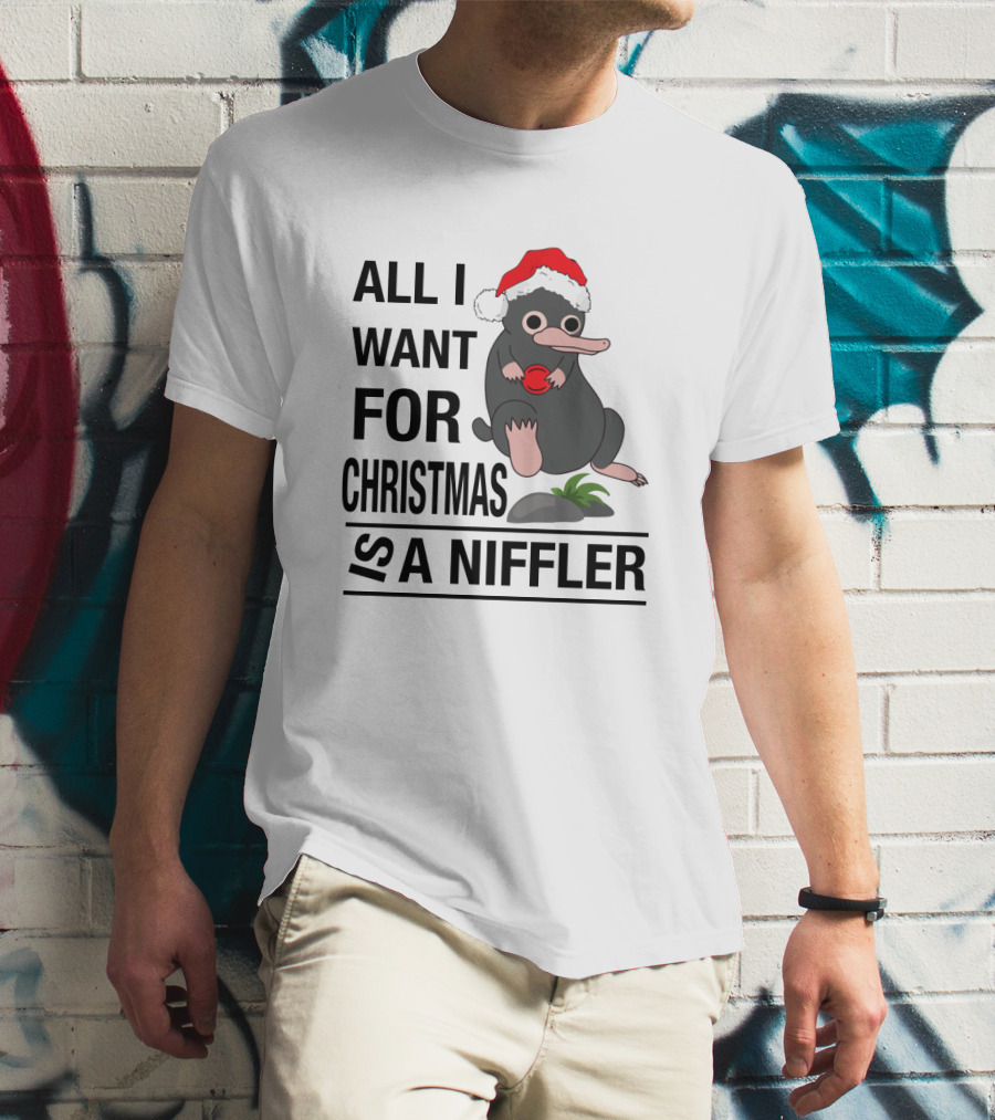 All I Want For Christmas Is A Niffler Wearing Santa Hat Holding Red T-Shirt