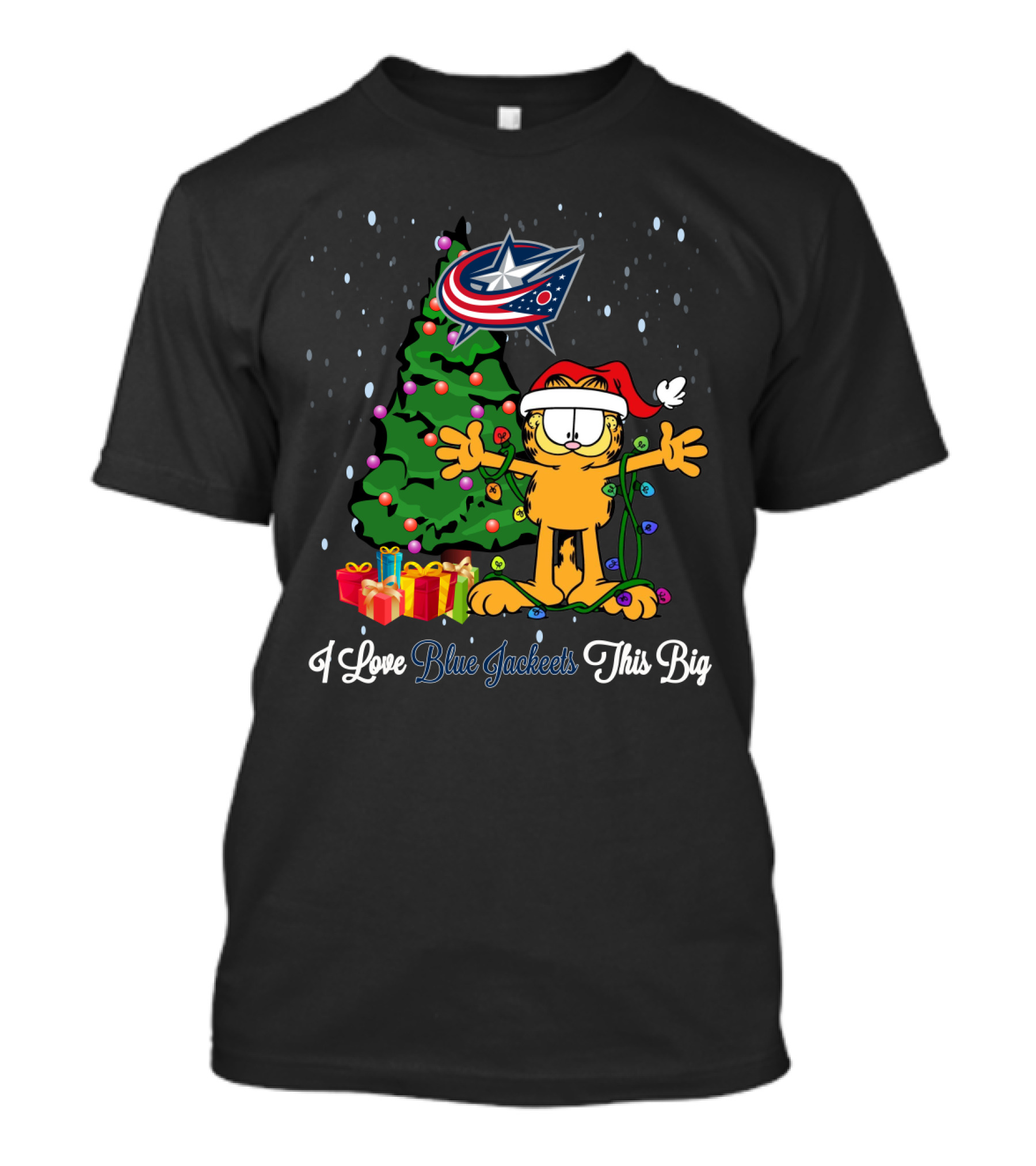 I Love Columbus Blue Jackets This Big Christmas Edition With Cartoon Cat And Tree T-Shirt