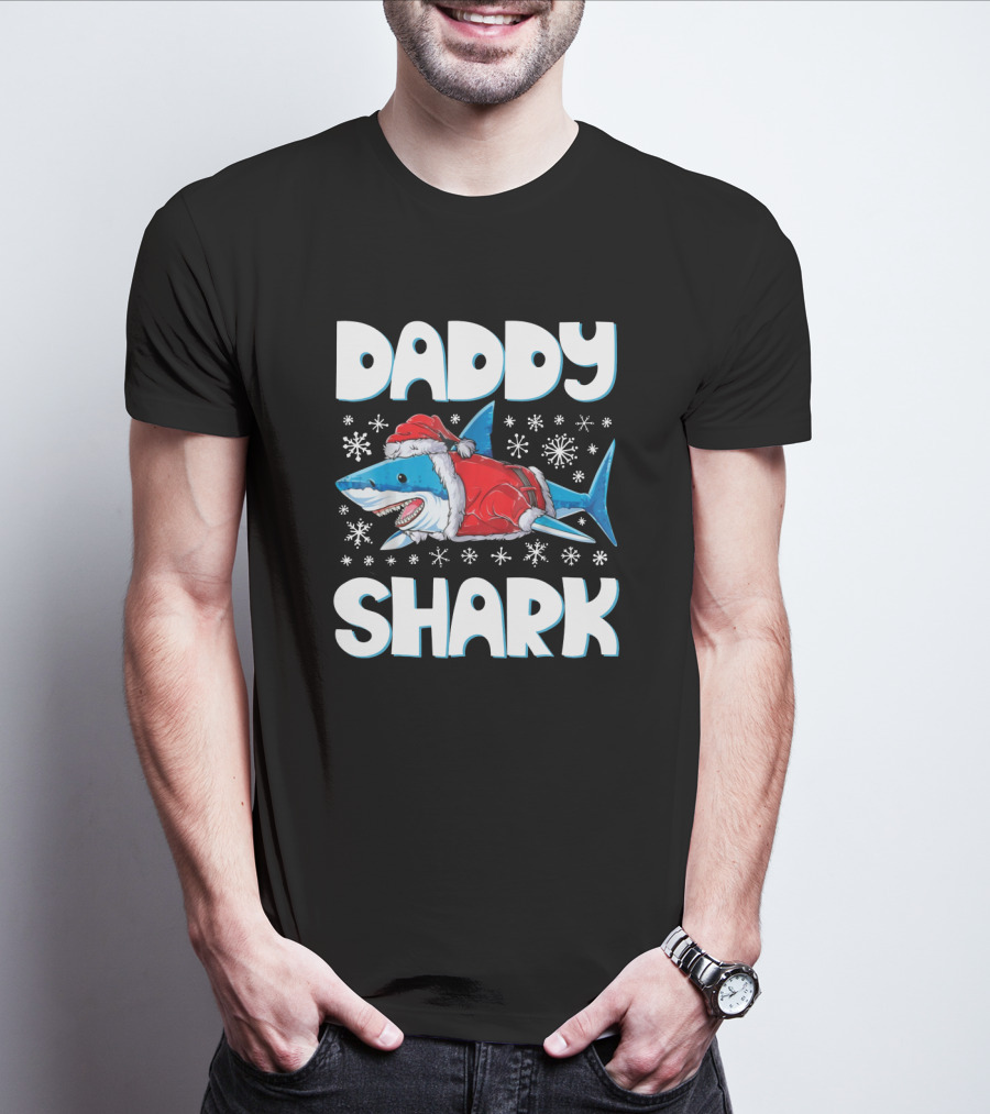 Daddy Shark Santa Hat Snowflakes Christmas T-Shirt