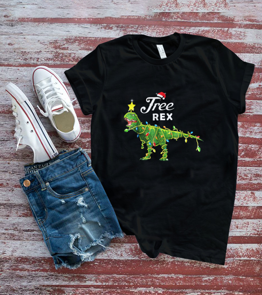 Free Rex Dinosaur Christmas Festive Lights Santa Hat Star Topper T-Shirt