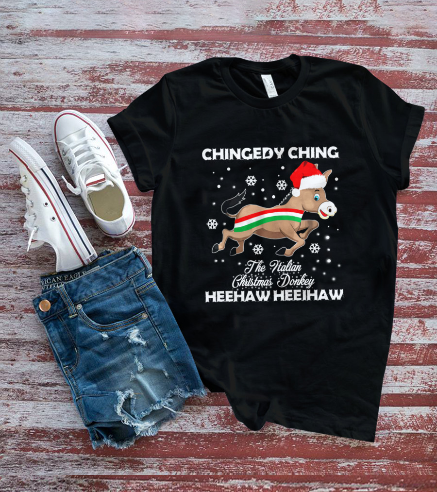 Chingedy Ching Heehaw Heehaw The Italian Christmas Donkey Santa Hat Snowflakes T-Shirt