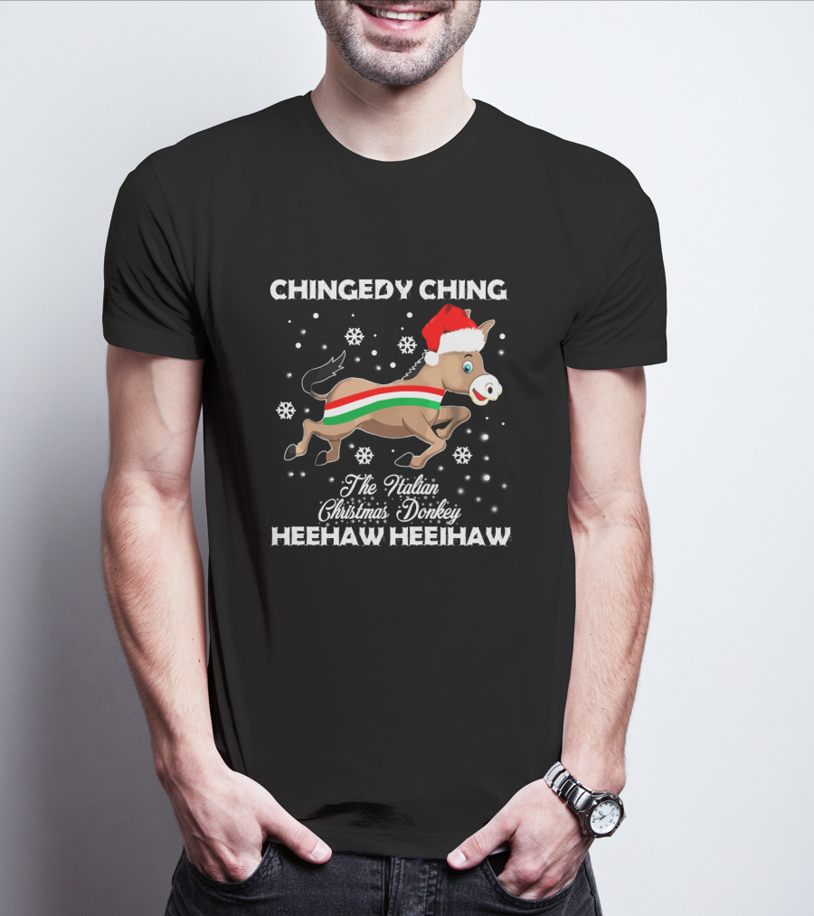 Chingedy Ching Heehaw Heehaw The Italian Christmas Donkey Santa Hat Snowflakes T-Shirt