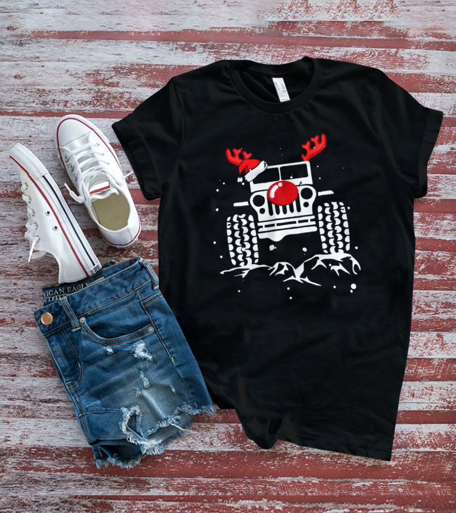 Jeep With Reindeer Antlers Santa Hat And Red Nose Christmas Holiday T-Shirt