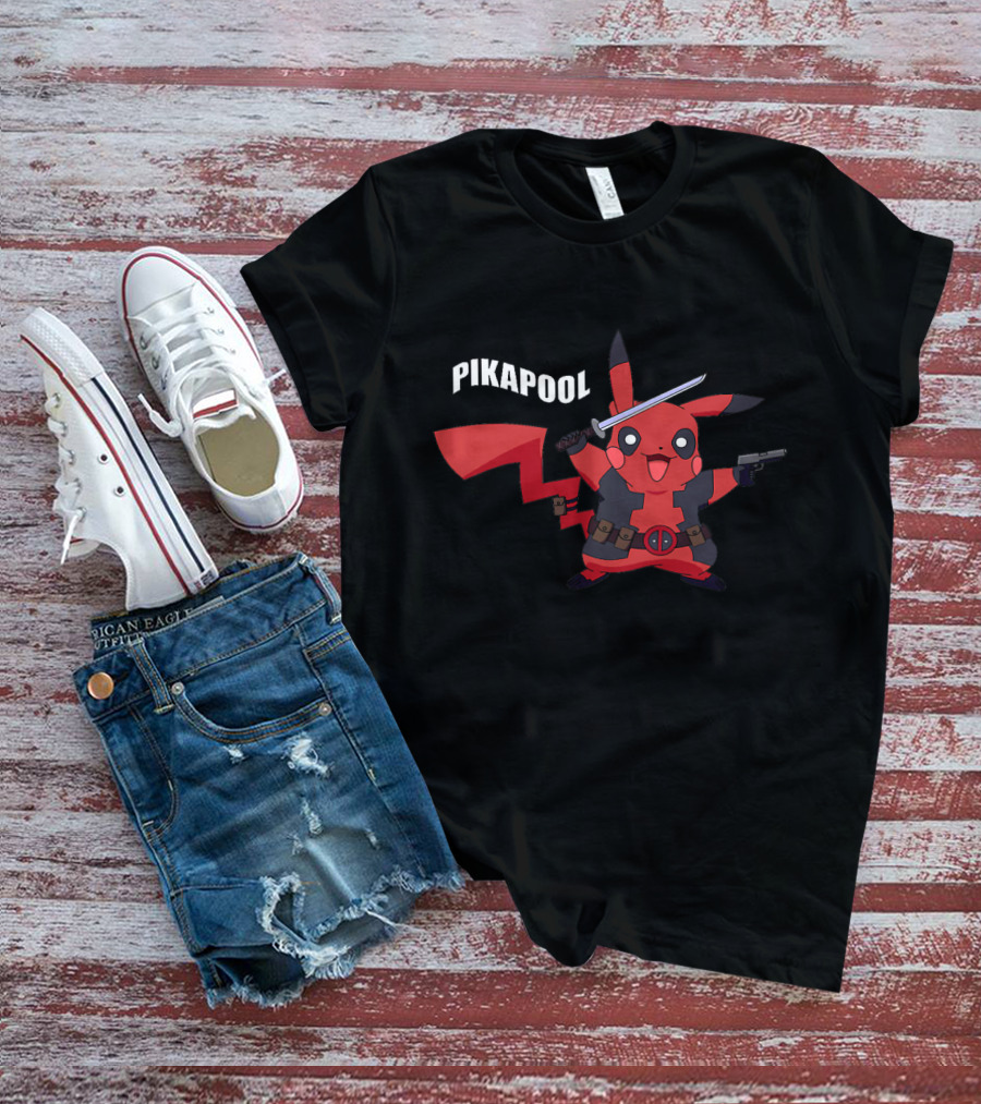 Pikapool Mashup: Funny Deadpool Pikachu With Sword And Gun T-Shirt