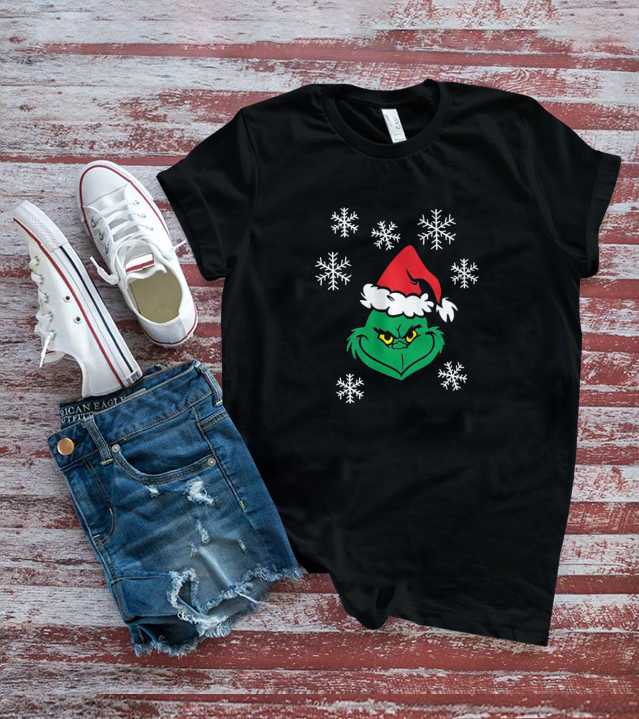 Grinch Face With Santa Hat And Snowflakes Christmas T-Shirt