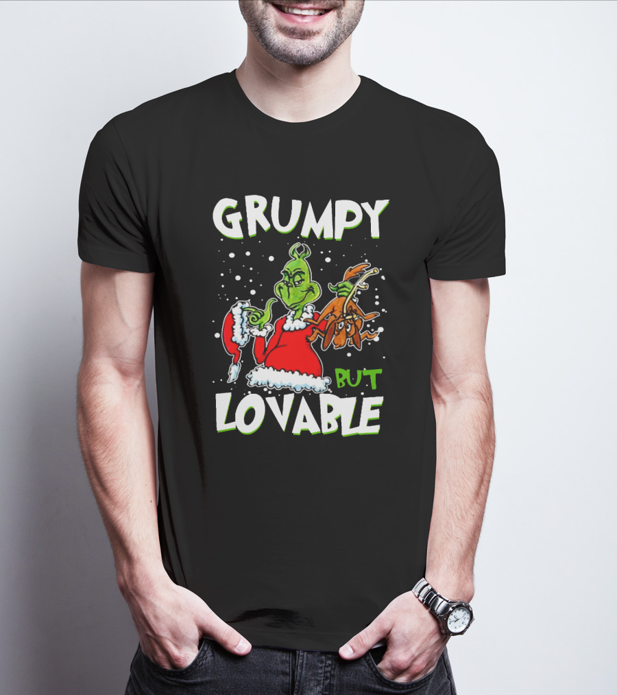 Grumpy But Lovable Grinch In Santa Suit Holding Max Illustrated T-Shirt