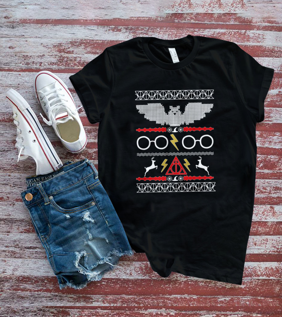 Hogwarts Holiday Sweater Style With Glasses Lightning Bolt And Deathly Hallows Symbols T-Shirt