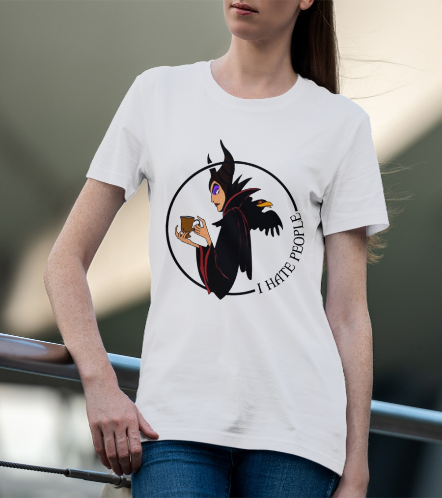 Maleficent Coffee Holding With I Hate People Text And Raven On Shoulder T-Shirt