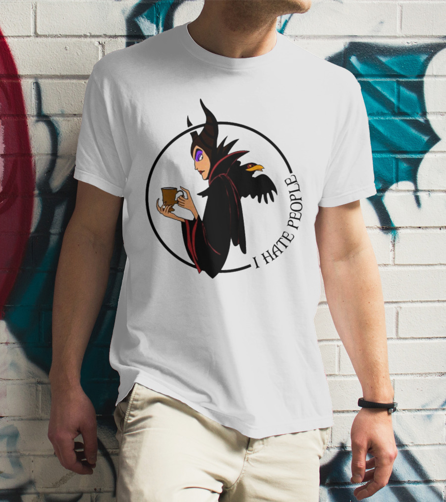 Maleficent Coffee Holding With I Hate People Text And Raven On Shoulder T-Shirt