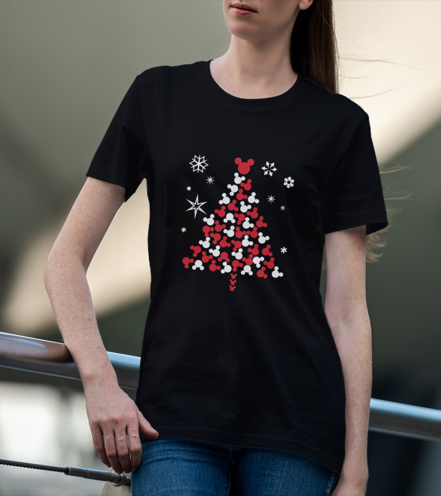 Mickey Mouse Head Christmas Tree With Snowflakes And Stars T-Shirt
