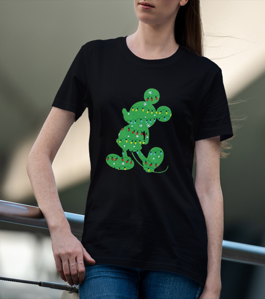 Mickey Mouse Silhouette With Festive Christmas Lights And Green Holiday T-Shirt