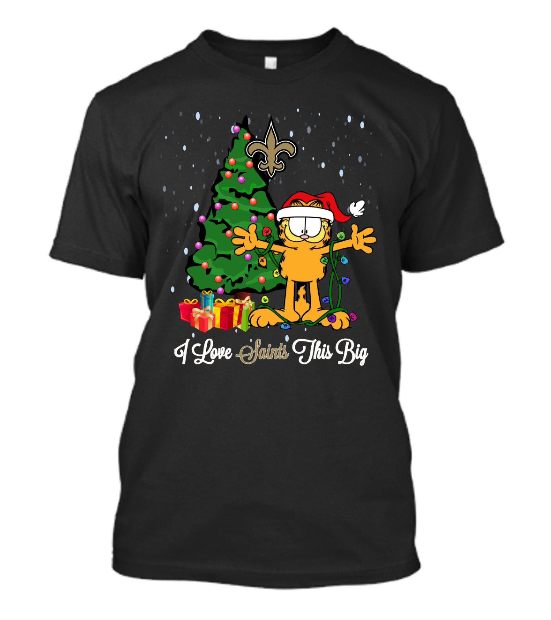 I Love Saints This Big Garfield Christmas Tree Present Fleur-De-Lis T-Shirt