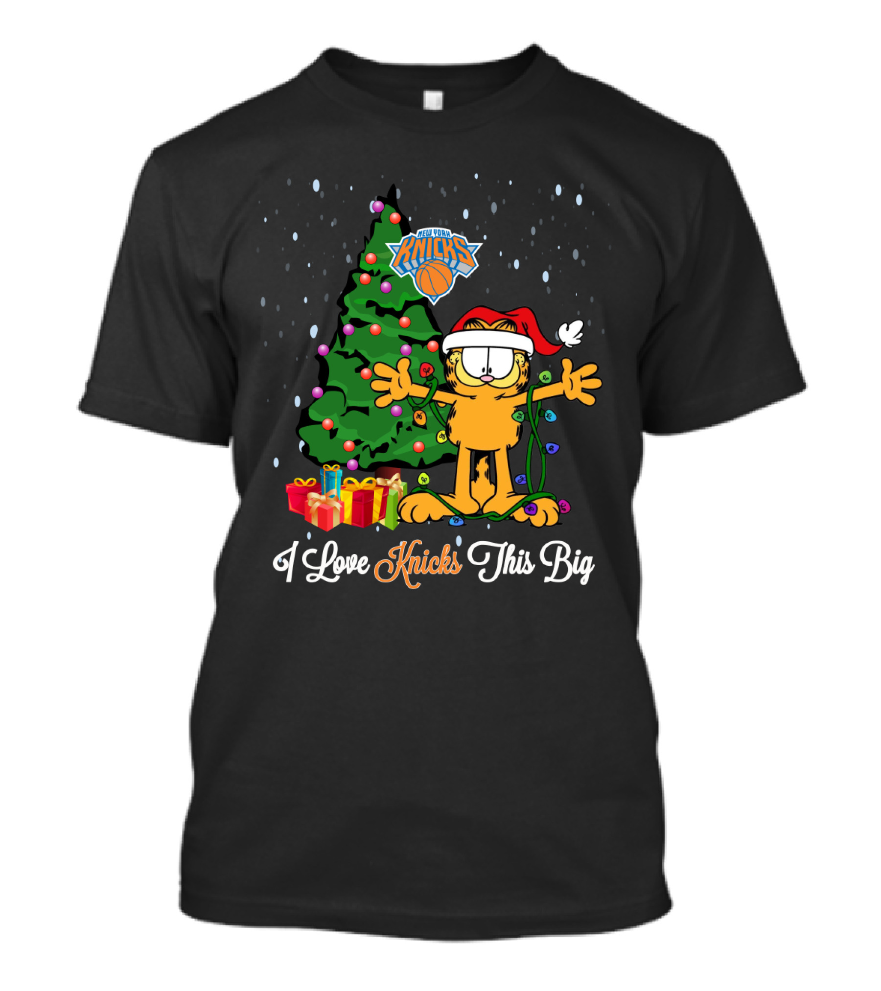 I Love New York Knicks Christmas Garfield Festive Scene With Santa Hat And Tree T-Shirt