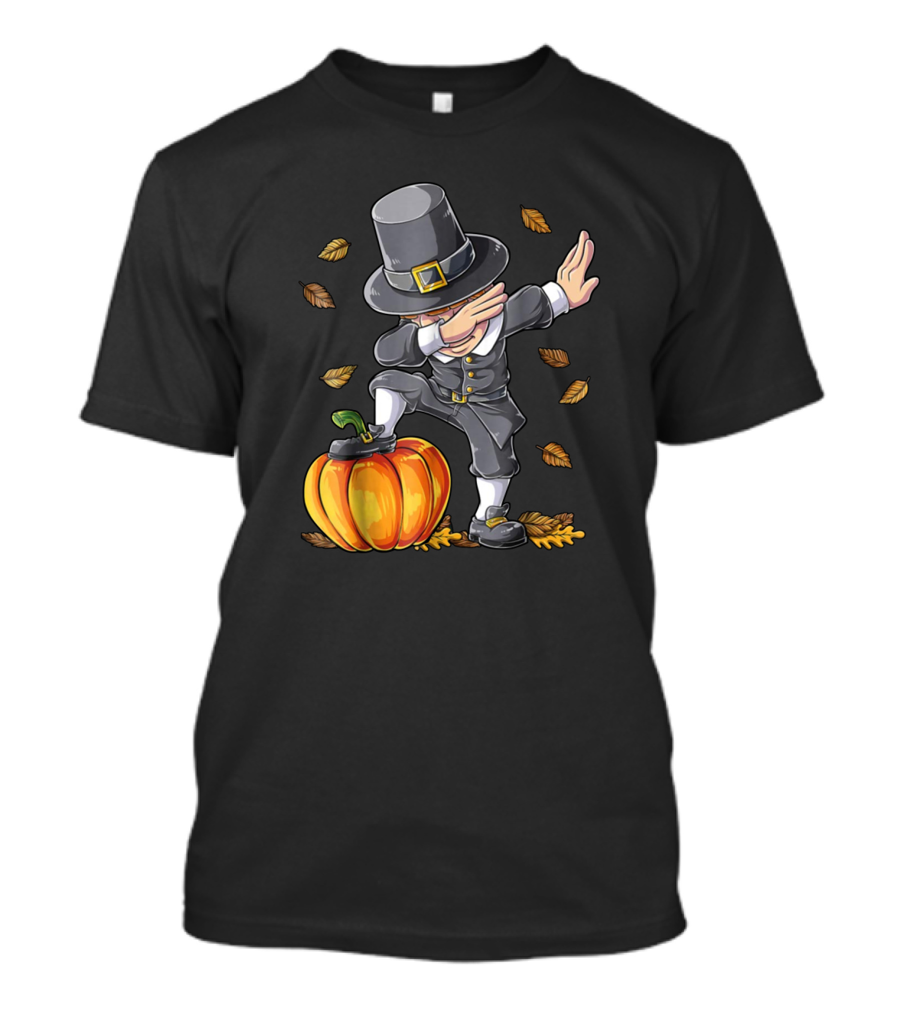Pilgrim Dabbing On Pumpkin With Falling Autumn Leaves T-Shirt
