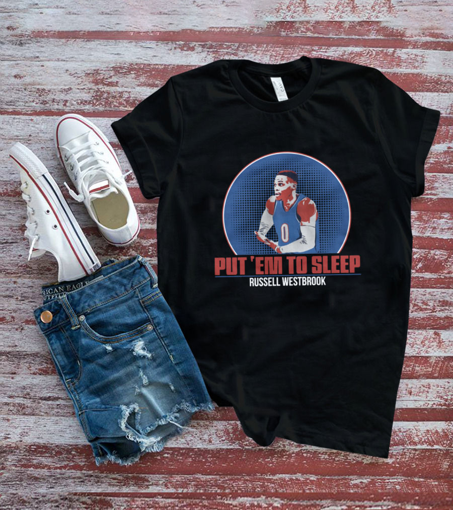 Russell Westbrook PUT 'EM TO SLEEP Basketball Image With Blue And Red Athletic T-Shirt