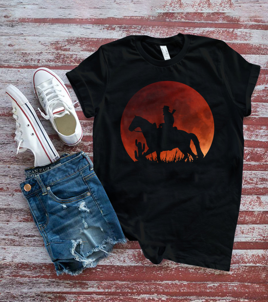Red Moon Cowboy Riding Silhouette Red Dead Redemption T-Shirt
