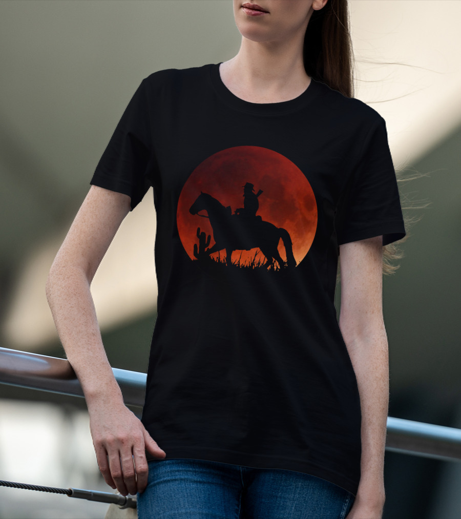 Red Moon Cowboy Riding Silhouette Red Dead Redemption T-Shirt