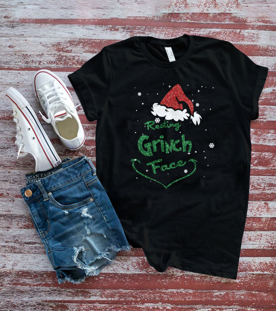 Resting Grinch Face Santa Hat Snowflakes T-Shirt
