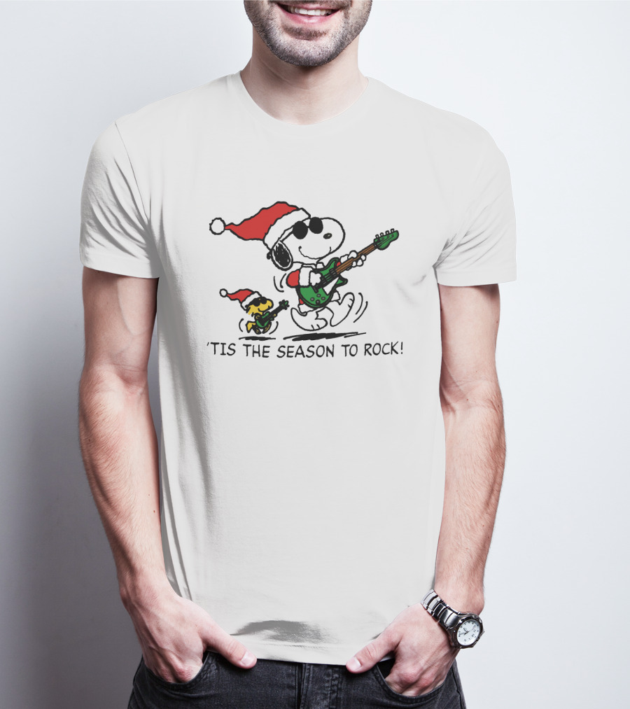 Snoopy And Woodstock Santa Rocking Guitars 'Tis The Season To Rock T-Shirt