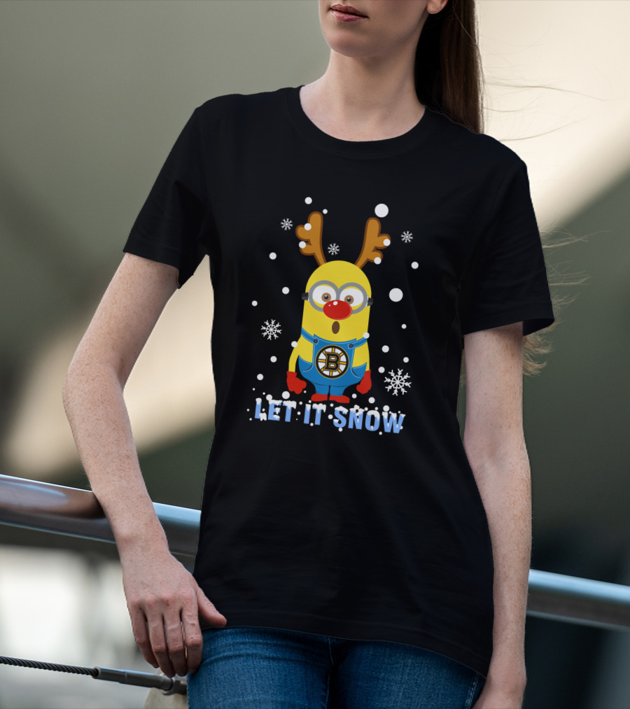 Let It Snow Xmas Hockey Boston Bruins Minion Reindeer Snowflakes T-Shirt