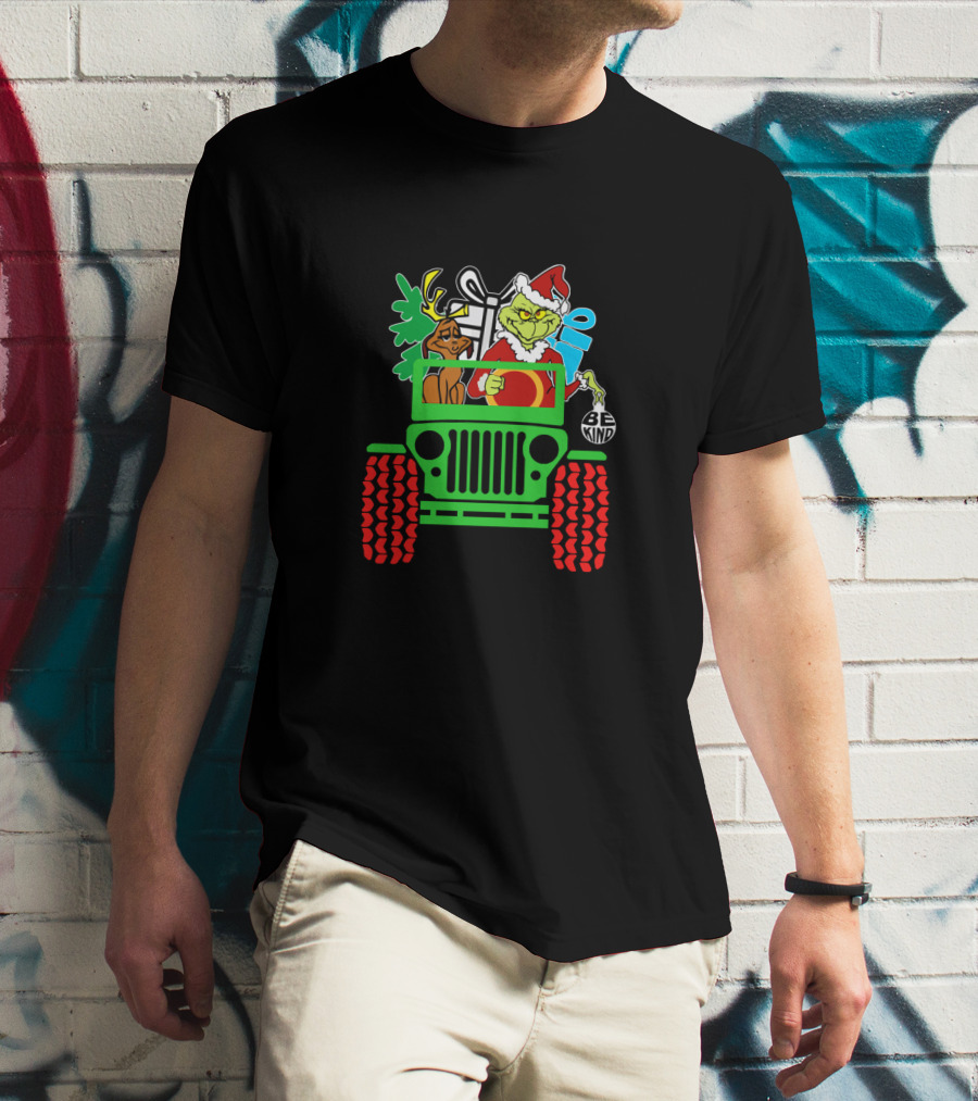 Be Kind Christmas Grinch And Dog In Jeep With Gifts T-Shirt