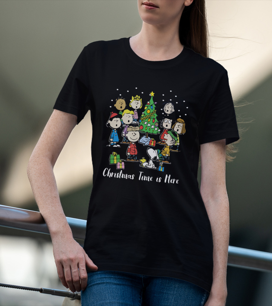 Peanuts Christmas Time Is Here Snoopy And Characters Around Christmas Tree T-Shirt